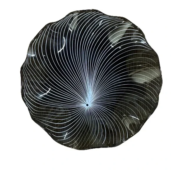 Lausitzer Kristall 7" 60s Optic Spiral Art Ruffled Tricket Candy Dish Bowl Black - Picture 2 of 4